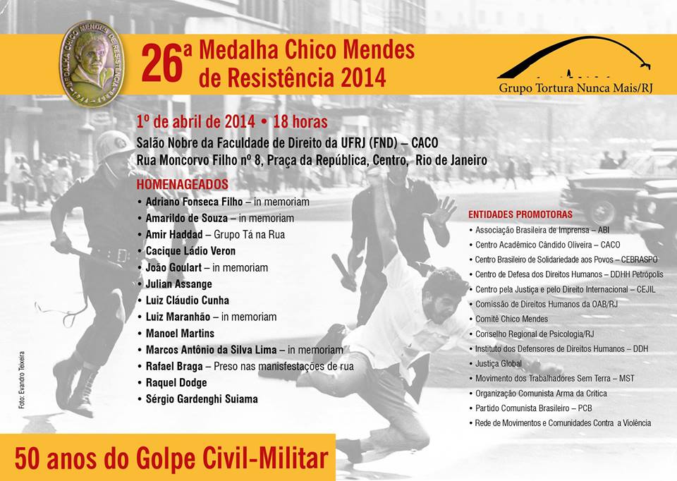 26ª edição da Medalha Chico Mendes acontece hoje, às 18h, na Faculdade Nacional de Direito da UFRJ