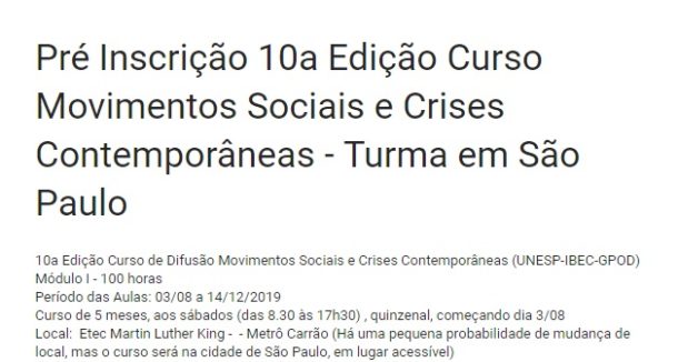 10ª Edição Curso de Difusão – Movimentos Sociais e Crises Contemporâneas à luz dos clássicos do materialismo crítico - UNESP