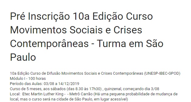 10ª Edição Curso de Difusão – Movimentos Sociais e Crises Contemporâneas à luz dos clássicos do materialismo crítico – UNESP